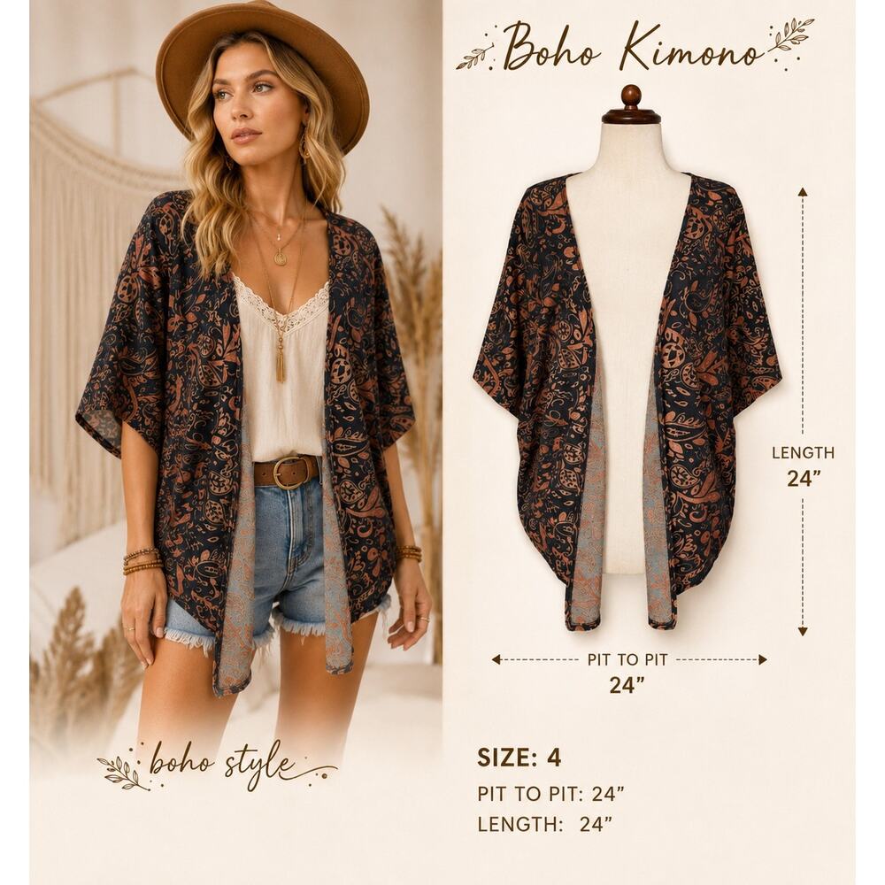 Billabong Black Semi-Sheer Burnout Velvet Open Kimono Cardigan Size M Boho